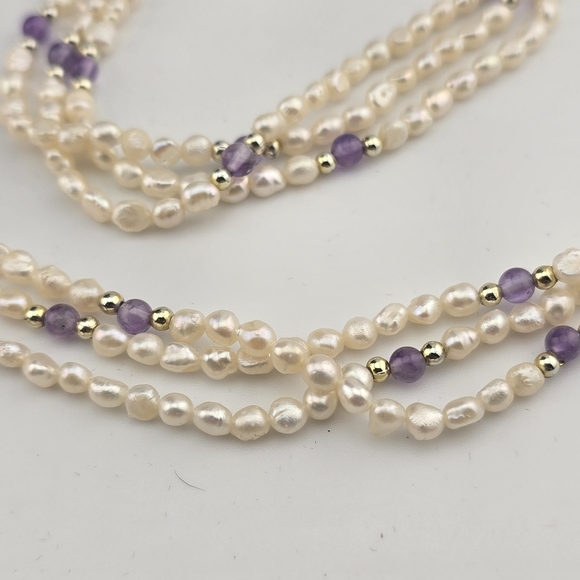 3-Strand Pearl & Amethyst Necklace and Bracelet Set – 18” & 8” - Picture 2 of 7